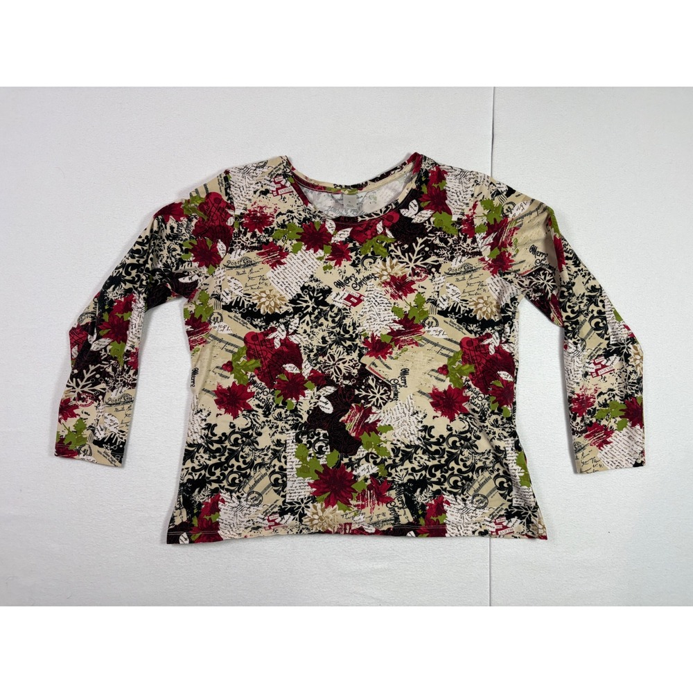 Christopher & Banks Womens XL Christmas Holiday Poinsettia Long Sleeve Tee Red